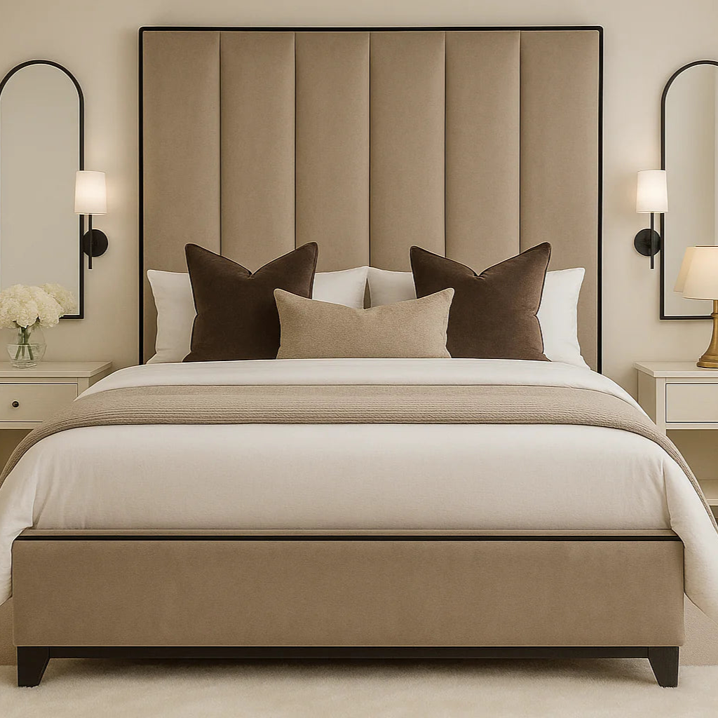 Herringbone Luxury Panelled Bed With Contrast Black Piping