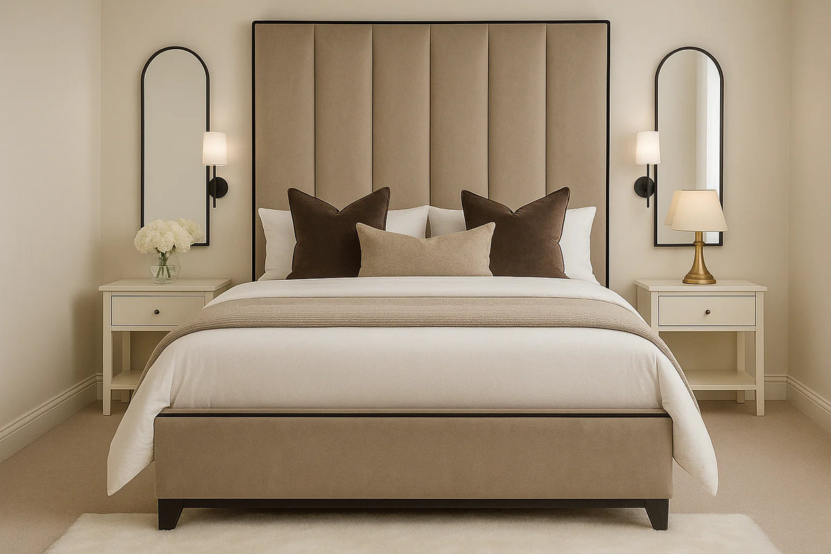 Herringbone Luxury Panelled Bed With Contrast Black Piping