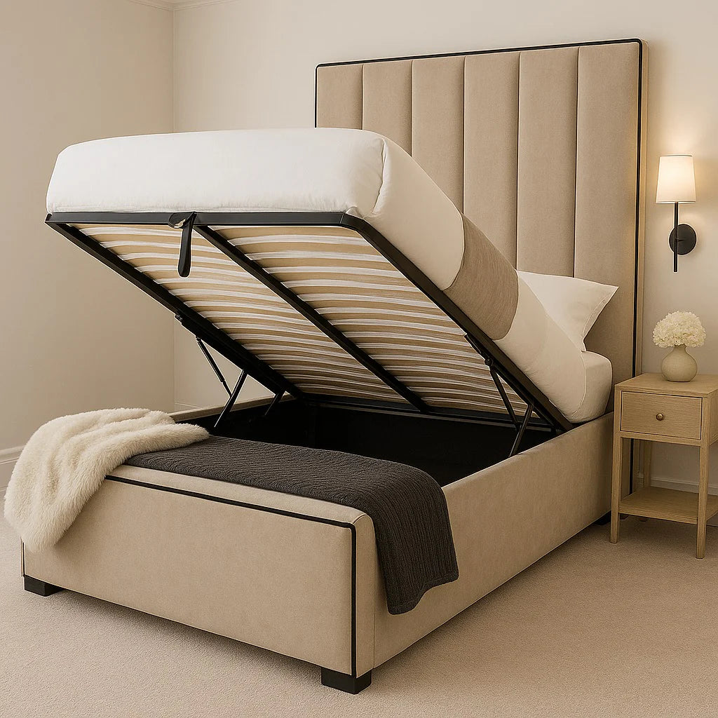 Herringbone Luxury Panelled Bed With Contrast Black Piping