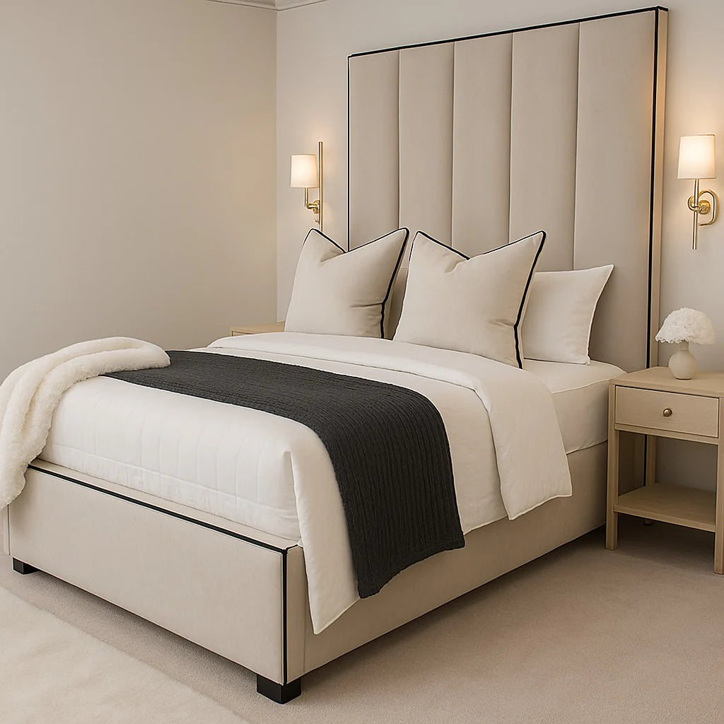 Herringbone Luxury Panelled Bed With Contrast Black Piping